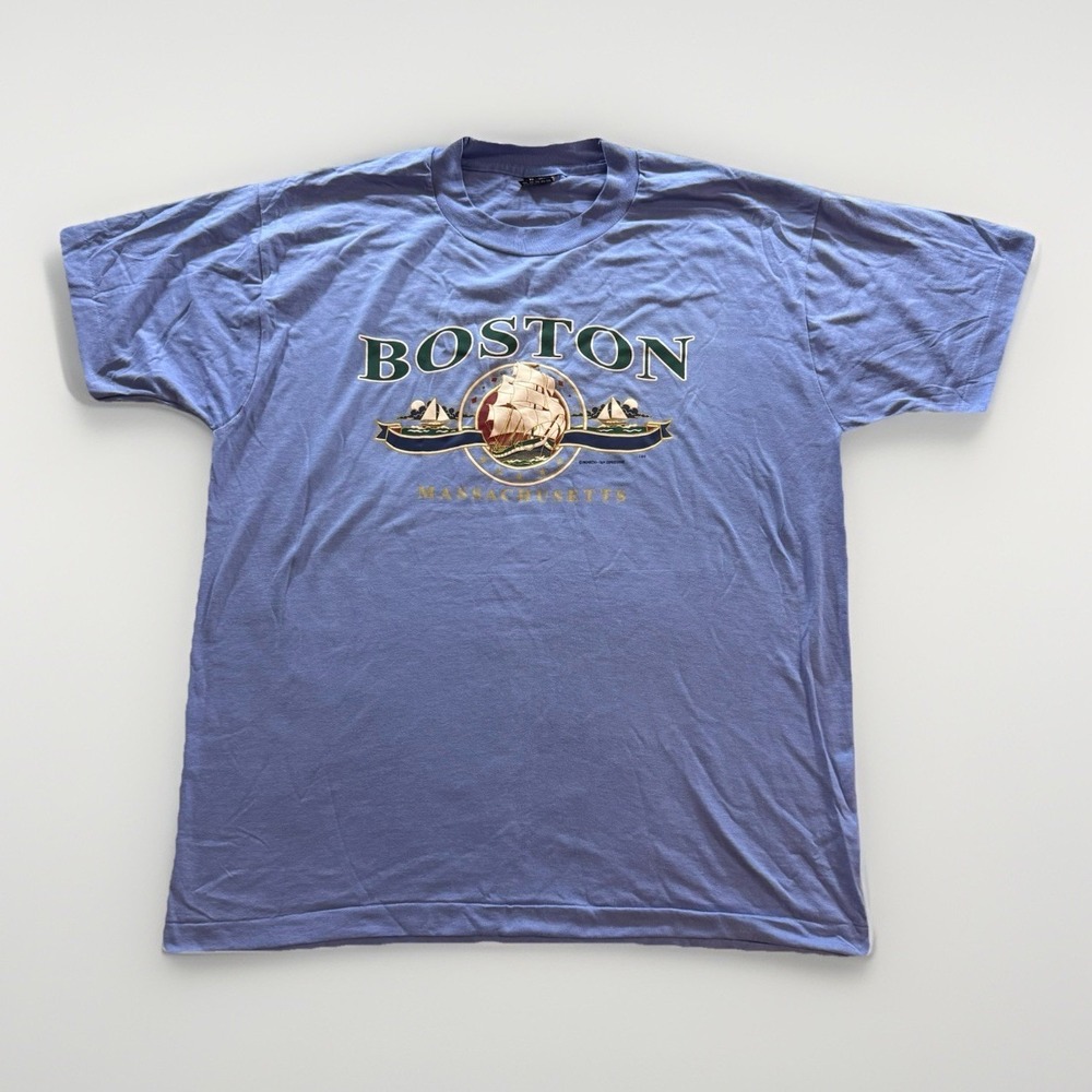 VTG Boston‎ Massachusetts T-Shirt Mens XL Blue Boat Nautical Single Stitch USA